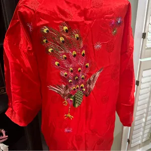 Vintage Golden Bee Red Embroidered Peacock Kimono Robe – Size M thumbnail 2