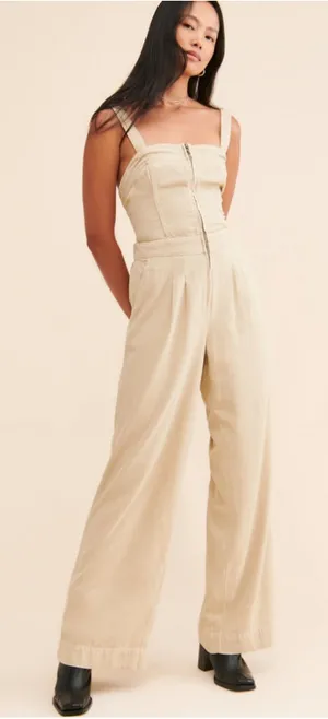 Free People Call On Me Tan Linen Blend Zip Front Wide Leg Jumpsuit Size XL thumbnail 1