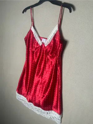 Red Satin dress White lace Trim Chemise slip dress size Medium Lace polkadot thumbnail 2