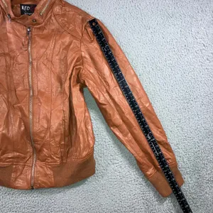 Faux Leather Bomber‎ Jacket Women 1X Cognac Brown Moto Zip Up Edgy Grunge Biker thumbnail 9