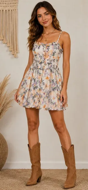1471 | NWT Hippie Rose Floral Smocked Boho‎ Mini Dress Bone Large thumbnail 1