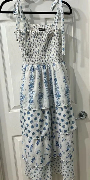 Crystal Doll Blue & White Floral Smocked Tiered Maxi Dress Large Cottagecore / Coastal Style thumbnail 1
