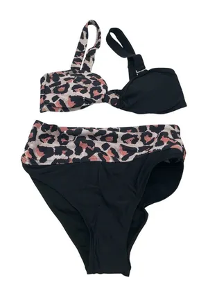 Womens Bikini Set High Rise Removable Cups Colorblock Leopard Black S thumbnail 1