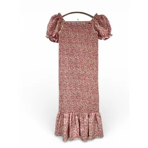 Smocked Pink & White Floral Puff Sleeve Prairie Cottagecore Maxi Dress S thumbnail 2