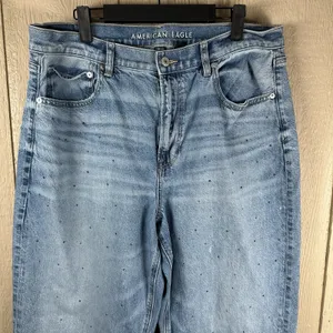 American Eagle Baggy Straight Jeans Womens 14 Blue Studded Super High Rise Denim thumbnail 2