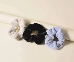 NEW. 3 Pc Soft Fleece Scrunchie Set In Gray, Black & Beige thumbnail 1