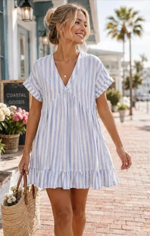 Cupio Babydoll Dress Linen Blend Blue White Stripe Medium Coastal Cottagecore thumbnail 1