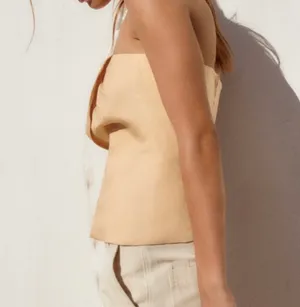 Zara NWOT gabardine light, yellow, zipper, back strapless button front tube top thumbnail 3