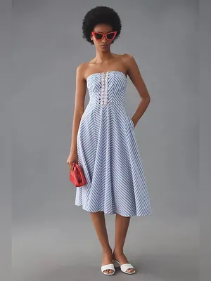 Anthropologie Maeve Strapless A-Line Midi Dress Chevron Coastal Nautical Boho thumbnail 2