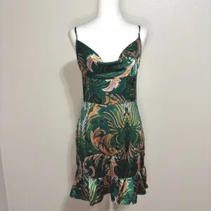 Satin Mini Slip Dress Green Ruffle Hem Cowl Neck Clubbing Party Glam Going Out M thumbnail 2