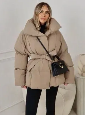 ASOS Taupe tie belt belted puffer jacket coat thumbnail 1