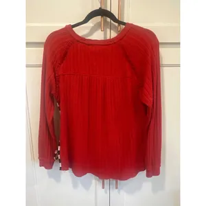 Tru Luxe Jeans Red Textured Knit Top Side Tie Checkered Trim gameday Small thumbnail 6