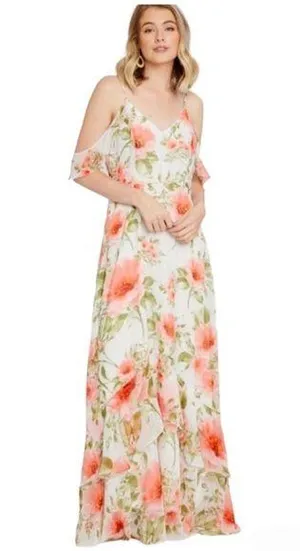 Altar’d State White Coral Pink Orange Floral Maxi Dress Flutter Ruffle Knoll NWT thumbnail 1