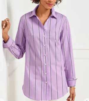 NWT Talbots Boyfriend Shirt Weekend Stripe Size L Lilac 100% cotton thumbnail 1
