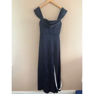 After Six A-Line Satin Maxi Dress Midnight Navy Size 2 Off Shoulder Strapless thumbnail 5