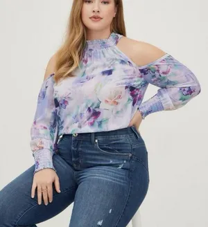 Torrid Watercolor Floral Georgette Smocked Neck Cold Shoulder‎ Blouse 1X thumbnail 1