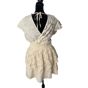AE Cottagecore BOHO Eyelet Lace Ruffle Tiered Smocked Wrap Mini‎ Dress Size M thumbnail 13