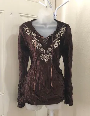 Y2K Whimsygoth Gothic Brown long bell flare sleeve blouse top shirt embroidered lace tie #boho #western #indie #hippie #country Size L-Measurement in pics thumbnail 2