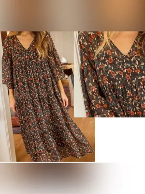 Natural Life Dress Size Small Brown Midi Floral V Neck Bell Sleeve Tiered Boho thumbnail 2