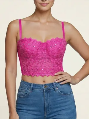 Windsor Pink Lace Corset Bustier Top Rhinestone Y2K Party Crop thumbnail 1