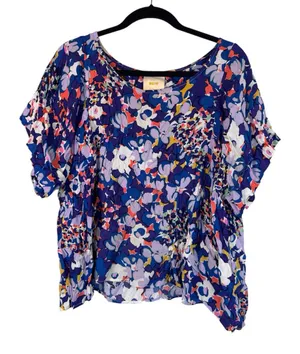 Maeve Blue Red Floral Blouse Womens L Casual Flowy Romantic Short Sleeve Top thumbnail 1