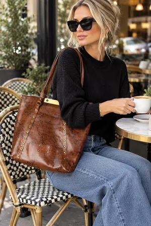 PATRICIA NASH Brown Leather Benvenuto Italy Map Antique Brass Tote Shoulder Bag thumbnail 1