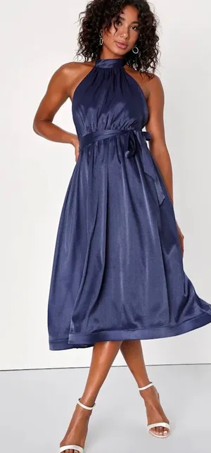 Lulus Effortless Grace Navy Blue Organza Halter Midi Sizes XL NEW. thumbnail 1