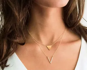 NEW Layered Triangle Yellow Gold Filled Chain Necklace,‎ 16-18" thumbnail 1
