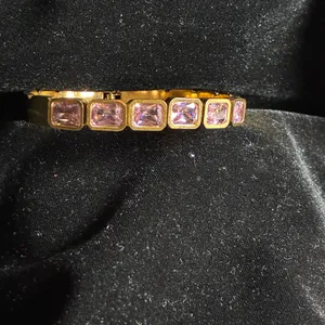 Classic Stainless Steel Zircon Bracelet in gold color with Pink stones. thumbnail 2