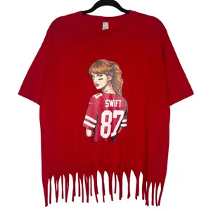 Kansas City Chiefs Fringe Tee‎ T-Shirt Large Taylor's Boyfriend 87 Kelce Swift thumbnail 1