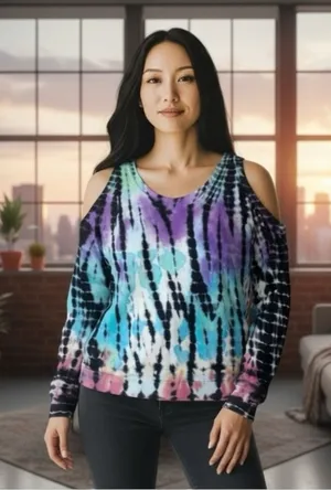 YFB Young Fabulous & Broke ☀︎︎ Cold Shoulder Pullover ☀︎ Multi Tie Dye ☀︎ Medium thumbnail 1