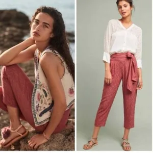 Anthropologie EttTwa Aubade‎ Mauve Tie Waist High Rise Textured Cropped Pants 4 thumbnail 2