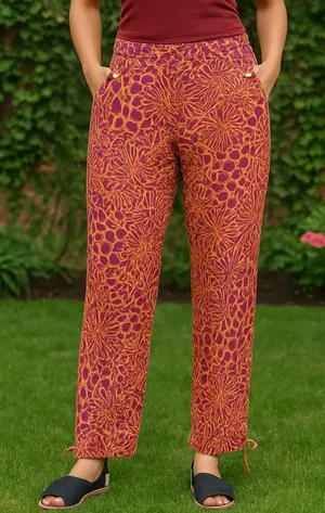 Sundance Orange Purple‎ Floral Abstract Print Pull on Pants Coastal Lagenlook M thumbnail 1
