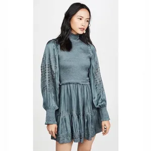 Ulla Johnson Blue Angelica Mock Neck Embroidered Smocked Mini Dress, Size 4 thumbnail 3