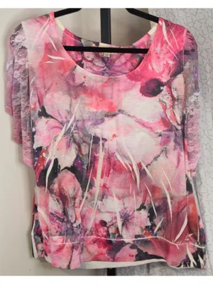 OneWorld Live and Let Live Women's 1X Pink Watercolor Floral Lace Sleeve Top thumbnail 1