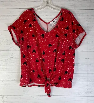 Disney Park Blouse Womens Size large Red Minnie Short Sleeve Front Tied Knot thumbnail 1