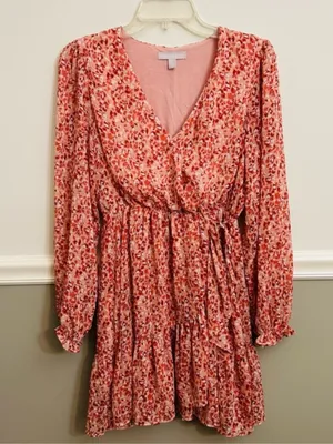 Chelsea 28 Pink White Floral Faux Wrap Long Sleeve Feminine Chiffon Dress Medium thumbnail 2