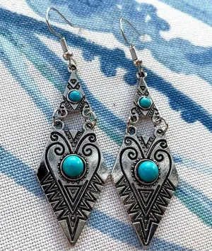 Turquoise Diamond Silvertone long drop earrings gift wife mom girlfriend new thumbnail 1