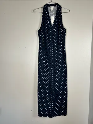 Anthropologie Maeve Polka Dot Navy Halter Midi Dress Size S thumbnail 4