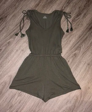 aerie Olive Green Sleeveless Tie-Shoulder One-Piece Romper thumbnail 1