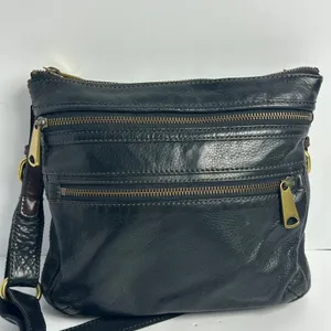 Fossil Vintage Black Leather Crossbody Bag Brown Trim Brass Key Y2K thumbnail 7