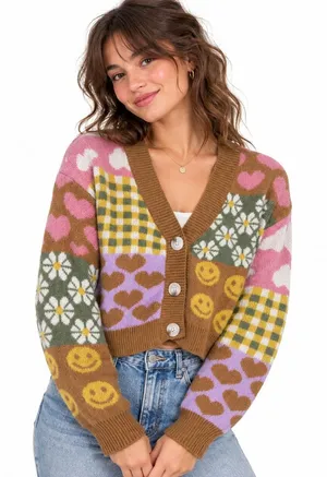 Debut Quirky Patchwork Cropped Cardigan Womens XS Brown Pink Retro Indie Whimsy thumbnail 1