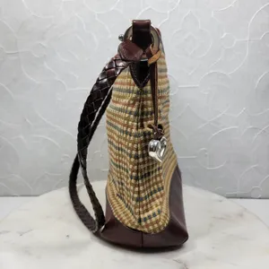 Brighton Tweed Purse Braided Leather Trim Heart Charm Brown Tan Check thumbnail 13