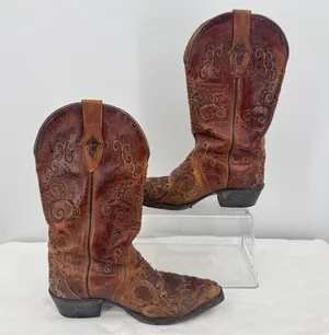 Sterling River Cowboy Boots Brown Leather Embroidery 11” Shaft Western Size 6.5 thumbnail 1