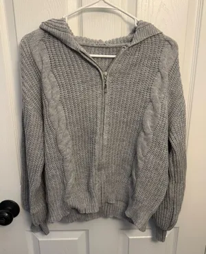 SHEIN Gray Chunky Knit Zip Up Hooded Sweater thumbnail 1