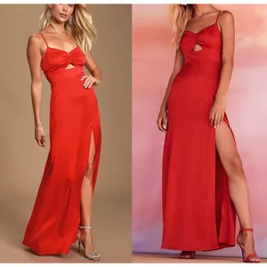 Lulus Renata Red Embossed Print Satin Keyhole Slit Adjust Maxi Dress Size M thumbnail 2