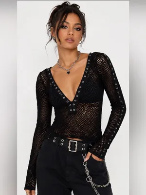 I.AM.GIA Black Mesh Festival Long Sleeve Top XS Sheer Eyelet Grunge Goth thumbnail 2