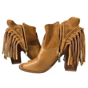Marc Fisher Tan Leather Suede Fringe Peep Toe Ankle Boots Brown‎ Wood Heel 9 thumbnail 7