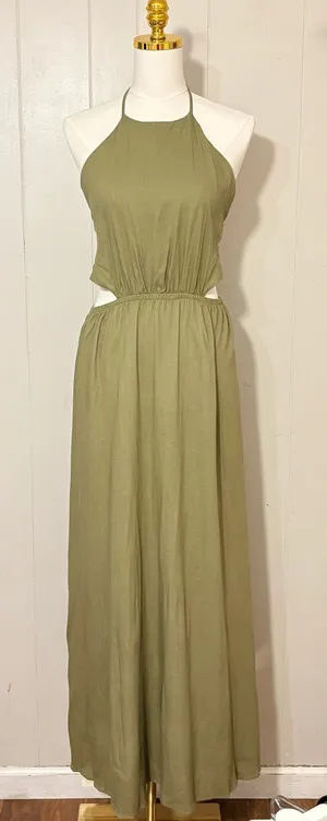 VICI Olive Green Halter Cutout Maxi Dress Linen Blend Open Back Size Large thumbnail 1