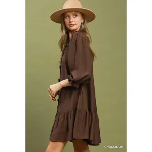Umgee Smocked Ruffle Detail Tiered Mini Dress - Chocolate - Small thumbnail 2